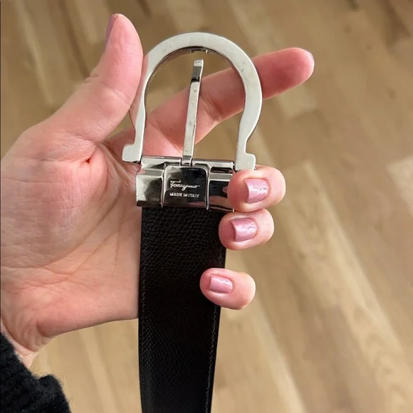 Salvatore Ferragamo Reversible Black Brown Leather Belt Silver Gancini Buckle - Picture 5 of 6